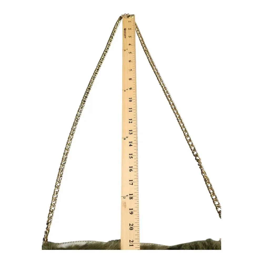 Faux Fur Shoulder Crossbody Bag with Gold Tone Chain Strap Winter Cozy Green‎